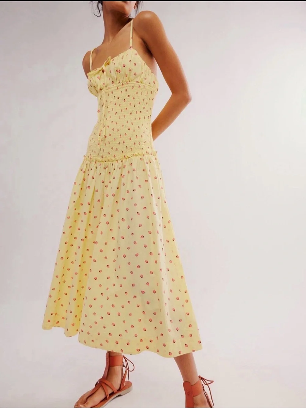 Free People Yellow Strawberry Print Smocked Midi Dress, Size XS
